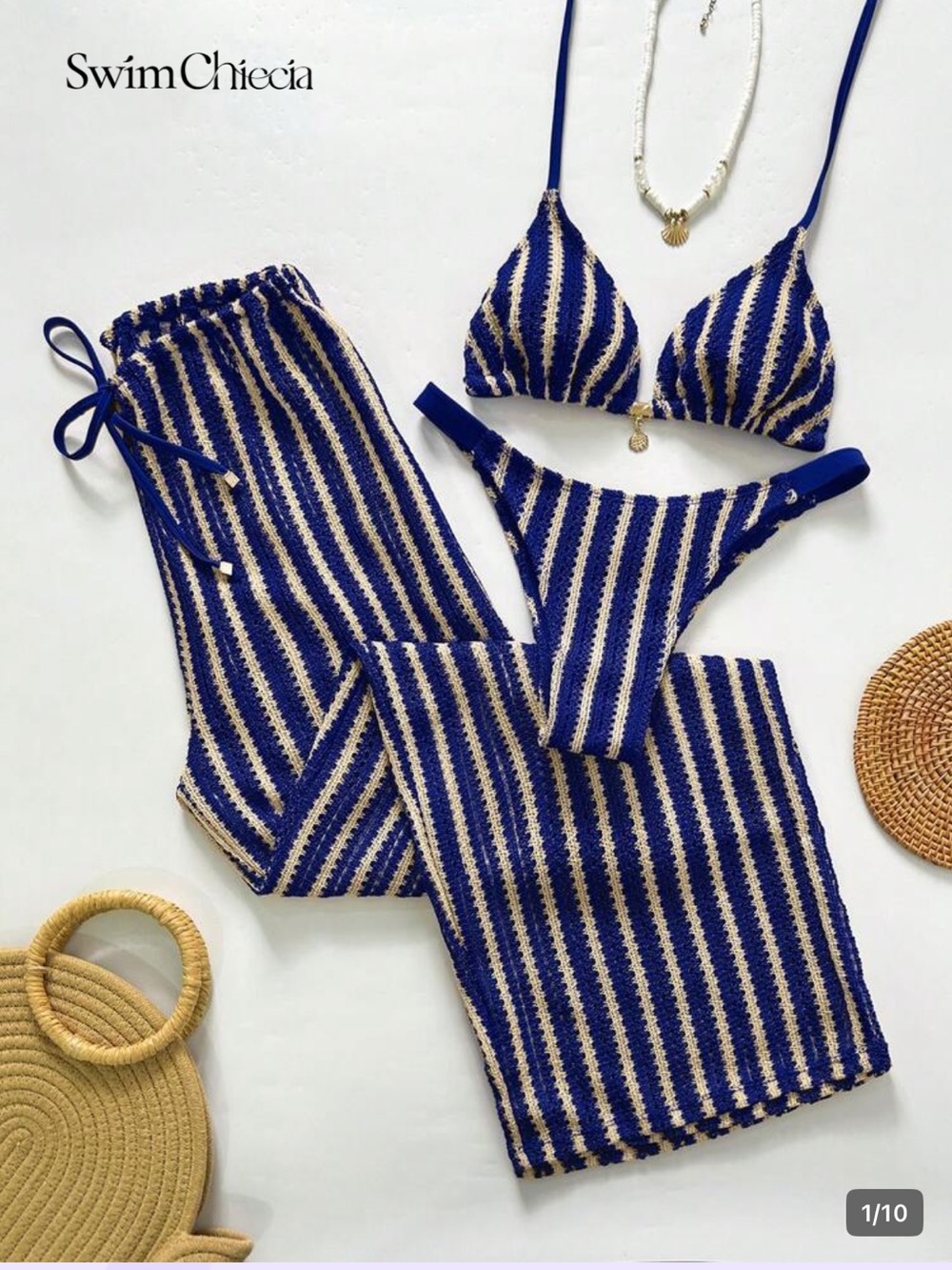 SHEIN Blue and Cream Striped Crochet Bikini Set with Cover-Up